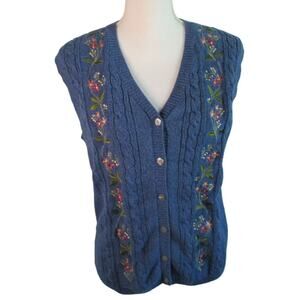 Jumper Women's Blue Sleeveless Embroidered Flowers Button Front Cardigan Size M.